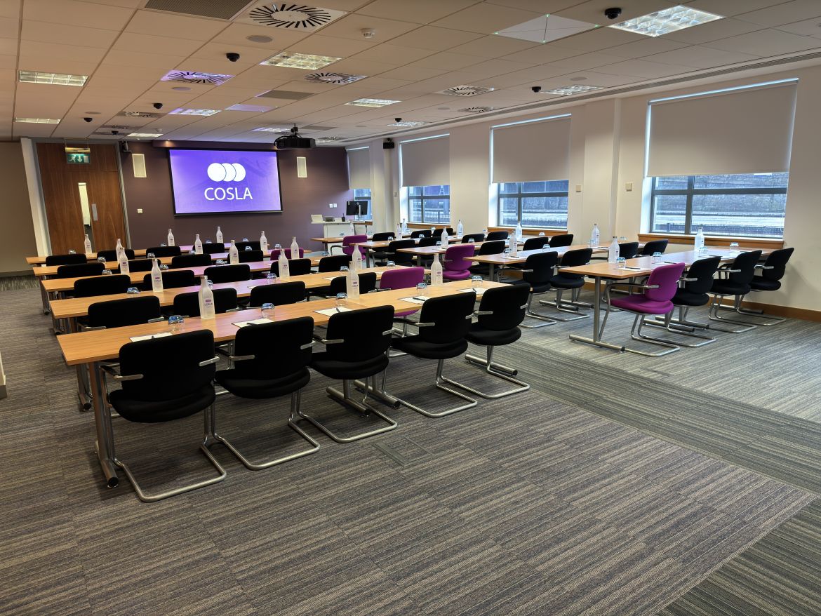 The Caledonian II Suite in the COSLA Conference Centre in a classroom style.